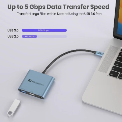 Portronics C-Konnect Plus Type-C to HDMI Adapter (3-in-1), Multiport USB-C Hub with 4K / 30Hz HDMI, USB 3.0 @ 5Gbps, 100 W PD Charging for Laptop, MacBook, PC (Grey) Portronics C-Konnect Plus Type-C to HDMI Adapter (3-in-1), Multiport USB-C Hub with 4K / 30Hz HDMI, USB 3.0 @ 5Gbps, 100 W PD Charging for Laptop, MacBook, PC (Grey)