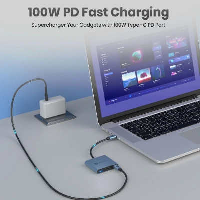 Portronics C-Konnect Plus Type-C to HDMI Adapter (3-in-1), Multiport USB-C Hub with 4K / 30Hz HDMI, USB 3.0 @ 5Gbps, 100 W PD Charging for Laptop, MacBook, PC (Grey) Portronics C-Konnect Plus Type-C to HDMI Adapter (3-in-1), Multiport USB-C Hub with 4K / 30Hz HDMI, USB 3.0 @ 5Gbps, 100 W PD Charging for Laptop, MacBook, PC (Grey)