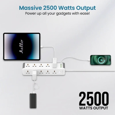 Portronics Power Plate 14 Extension Board with 10 Universal Sockets, 25W Type-C PD, 3 USB Charging Ports, 3 Meter Long Cord, 2500 Watts, 2.1 Amp USB Output, Multi Plug for Home Appliances (White) Portronics Power Plate 14 Extension Board with 10 Universal Sockets, 25W Type-C PD, 3 USB Charging Ports, 3 Meter Long Cord, 2500 Watts, 2.1 Amp USB Output, Multi Plug for Home Appliances (White)