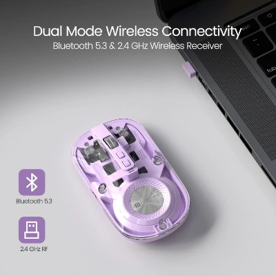 Portronics Toad 8 Transparent Wireless Bluetooth Mouse with Dual Wireless (BT + 2.4 GHz), Rechargeable Battery, Noise-Free Clicking, Show/Hide Desktop, Multi-Device Pair, Adjust Sensitivity (Purple) Portronics Toad 8 Transparent Wireless Bluetooth Mouse with Dual Wireless (BT + 2.4 GHz), Rechargeable Battery, Noise-Free Clicking, Show/Hide Desktop, Multi-Device Pair, Adjust Sensitivity (Purple)