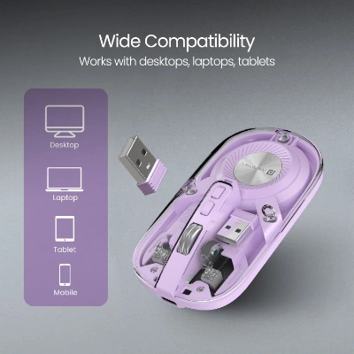 Portronics Toad 8 Transparent Wireless Bluetooth Mouse with Dual Wireless (BT + 2.4 GHz), Rechargeable Battery, Noise-Free Clicking, Show/Hide Desktop, Multi-Device Pair, Adjust Sensitivity (Purple) Portronics Toad 8 Transparent Wireless Bluetooth Mouse with Dual Wireless (BT + 2.4 GHz), Rechargeable Battery, Noise-Free Clicking, Show/Hide Desktop, Multi-Device Pair, Adjust Sensitivity (Purple)
