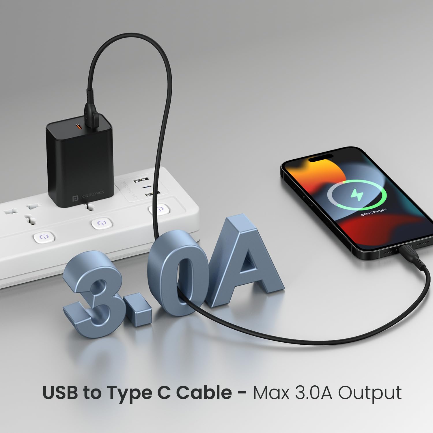Portronics Konnect Core 3 Type-C - 3.0A Fast Sync USB to Type-C 1M PVC Cable with In-Built Cable Management Hook (Black)