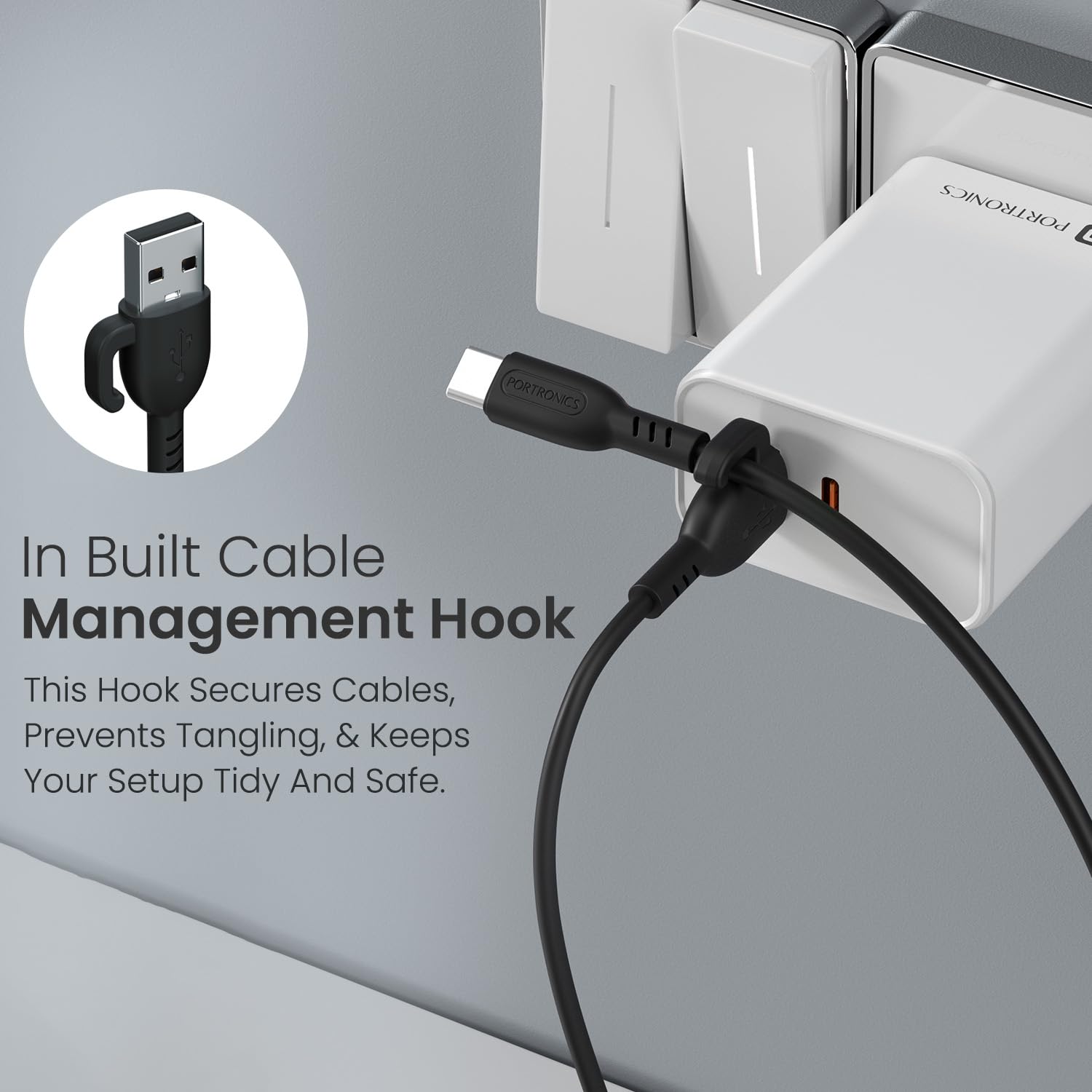 Portronics Konnect Core 3 Type-C - 3.0A Fast Sync USB to Type-C 1M PVC Cable with In-Built Cable Management Hook (Black)