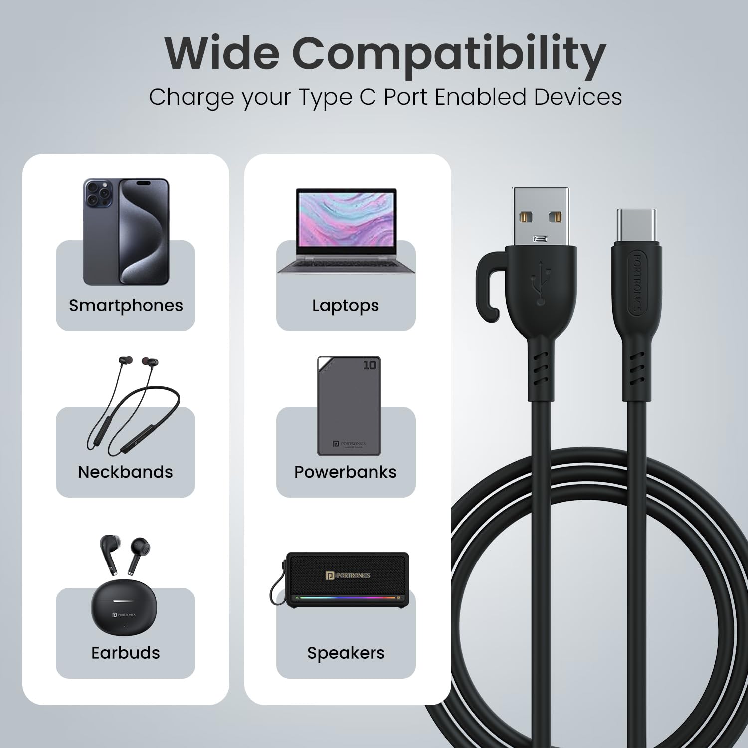 Portronics Konnect Core 3 Type-C - 3.0A Fast Sync USB to Type-C 1M PVC Cable with In-Built Cable Management Hook (Black)
