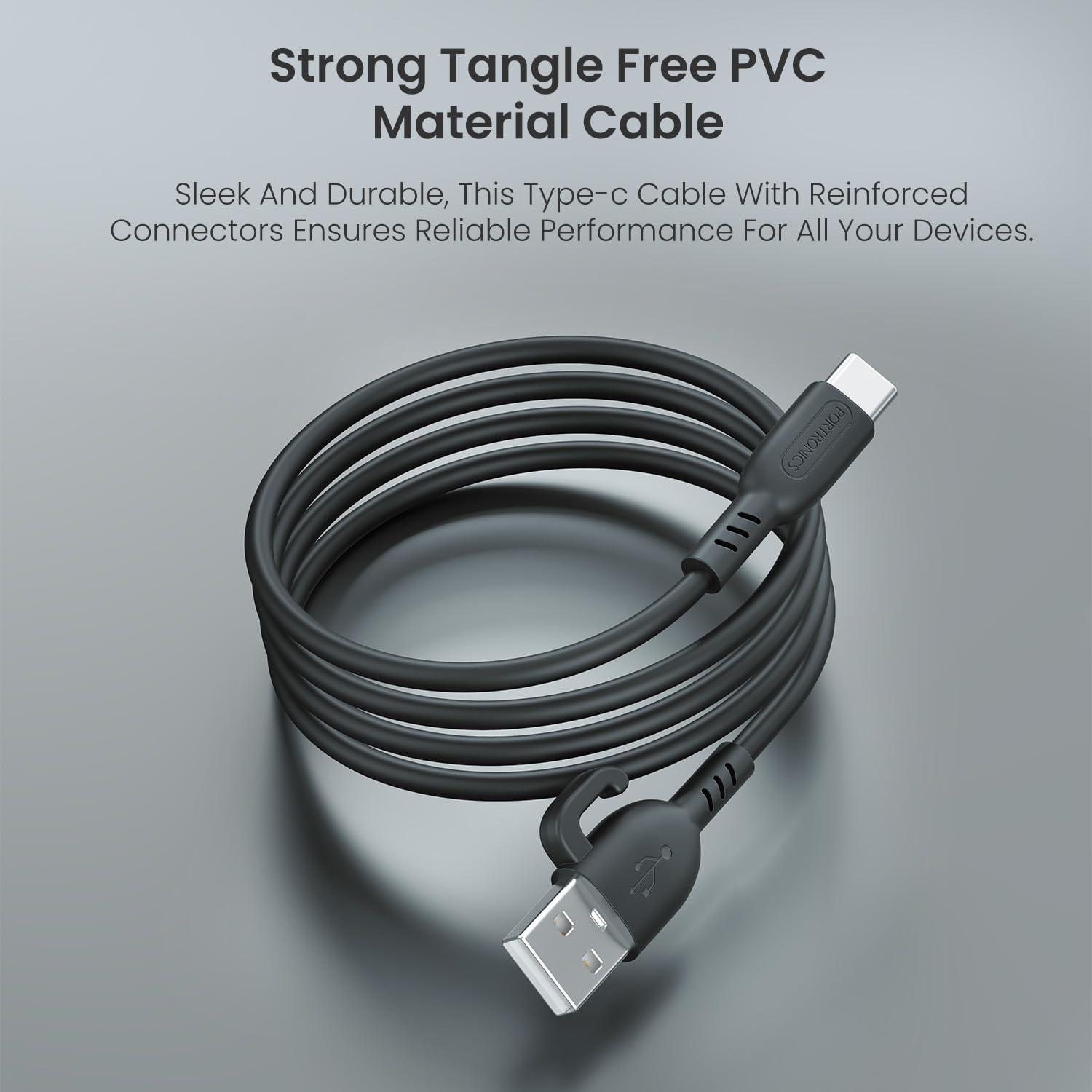 Portronics Konnect Core 3 Type-C - 3.0A Fast Sync USB to Type-C 1M PVC Cable with In-Built Cable Management Hook (Black)