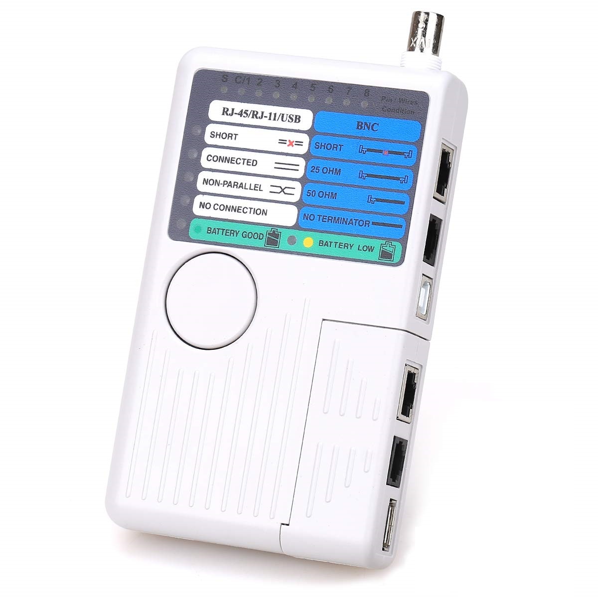 Network Cable 4-in-1 Tester – Multifunctional RJ45 RJ11 USB BNC Cable Tracker ,Detector Tool for UTP/STP LAN, Coaxial and Telephone Cables Network Cable 4-in-1 Tester – Multifunctional RJ45 RJ11 USB BNC Cable Tracker ,Detector Tool for UTP/STP LAN, Coaxial and Telephone Cables