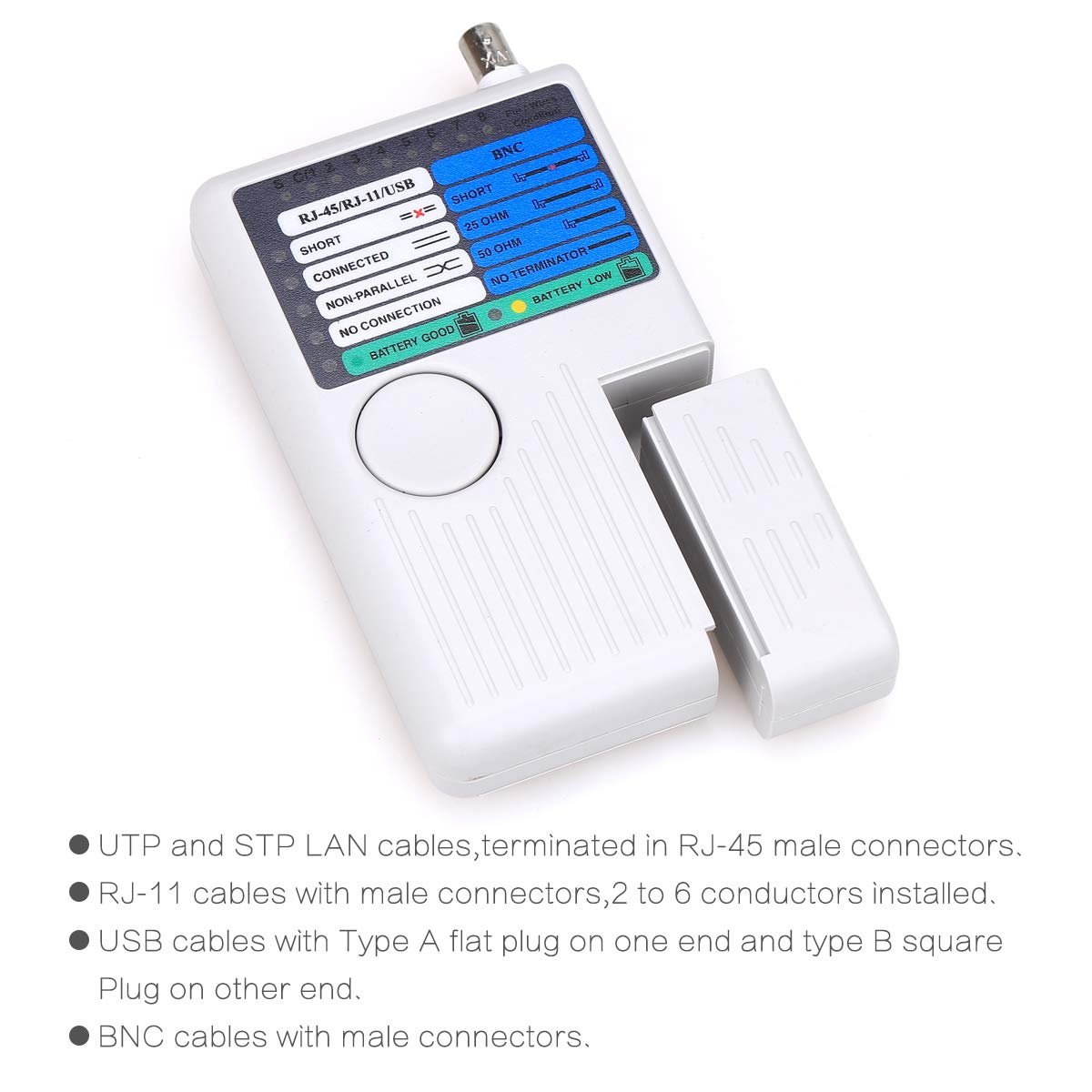 Network Cable 4-in-1 Tester – Multifunctional RJ45 RJ11 USB BNC Cable Tracker ,Detector Tool for UTP/STP LAN, Coaxial and Telephone Cables Network Cable 4-in-1 Tester – Multifunctional RJ45 RJ11 USB BNC Cable Tracker ,Detector Tool for UTP/STP LAN, Coaxial and Telephone Cables