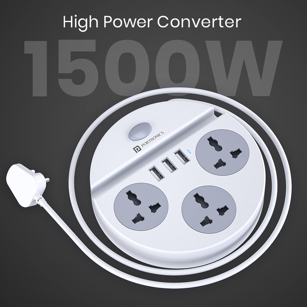 Portronics Power Plate 5 1500W Power Converter with USB Charger & Mobile Holder 3AC Socket + 3USB Ports, 1.5 m Cord Length