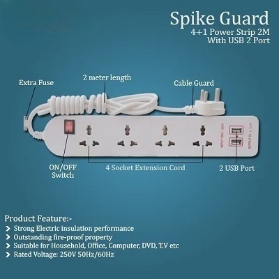 Spike 4+1 Way | Extension Board/Cord, Multi Socket Spike Guard With 2 Port Usb Spike 4+1 Way | Extension Board/Cord, Multi Socket Spike Guard With 2 Port Usb