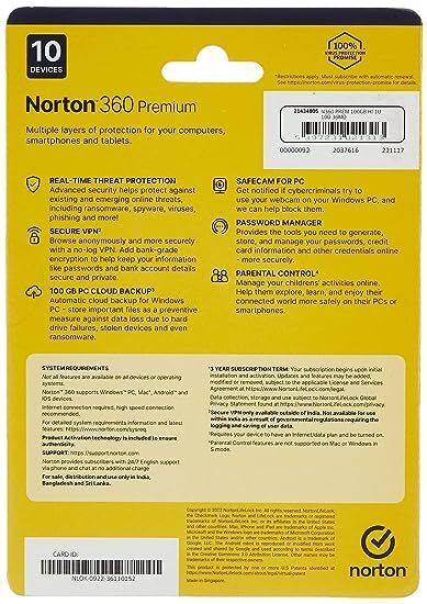 Norton 360 Premium|10 Users 3 Years|Total Security for PC, Mac, Android or iOS, PC Cloud Back Up Norton 360 Premium|10 Users 3 Years|Total Security for PC, Mac, Android or iOS, PC Cloud Back Up