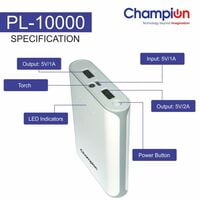 Champion Power Bank 10400mAh Capacity (BIS Certified) Model PL-10000